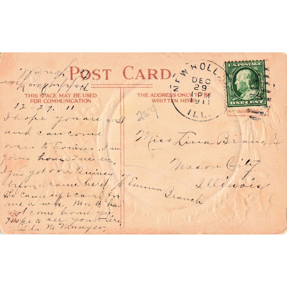 Antique 1911 A Merry Xmas Holly Embossed Postcard New Holland IL - Picture 2 of 2